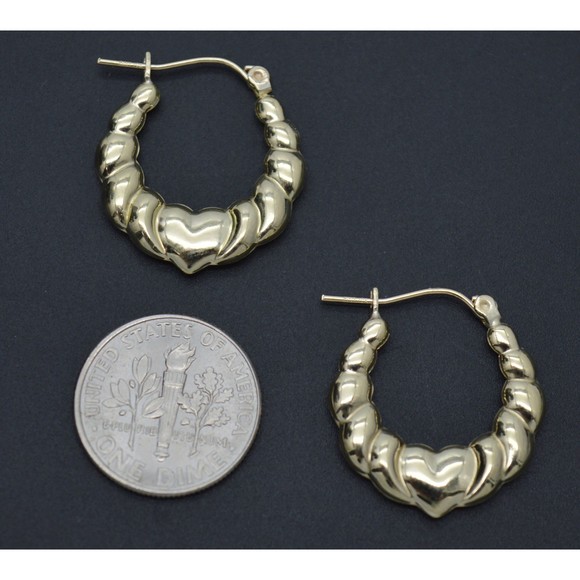 Real 10K Yellow Solid Gold 22.2mm Shrimp Heart Shiny Hoop Earrings 1.8 grams - Picture 3 of 6